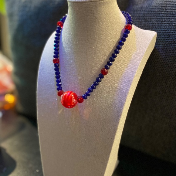 Faceted Blue and Ruby Red Glass Necklace with Large Art Glass Bead - Picture 2 of 5